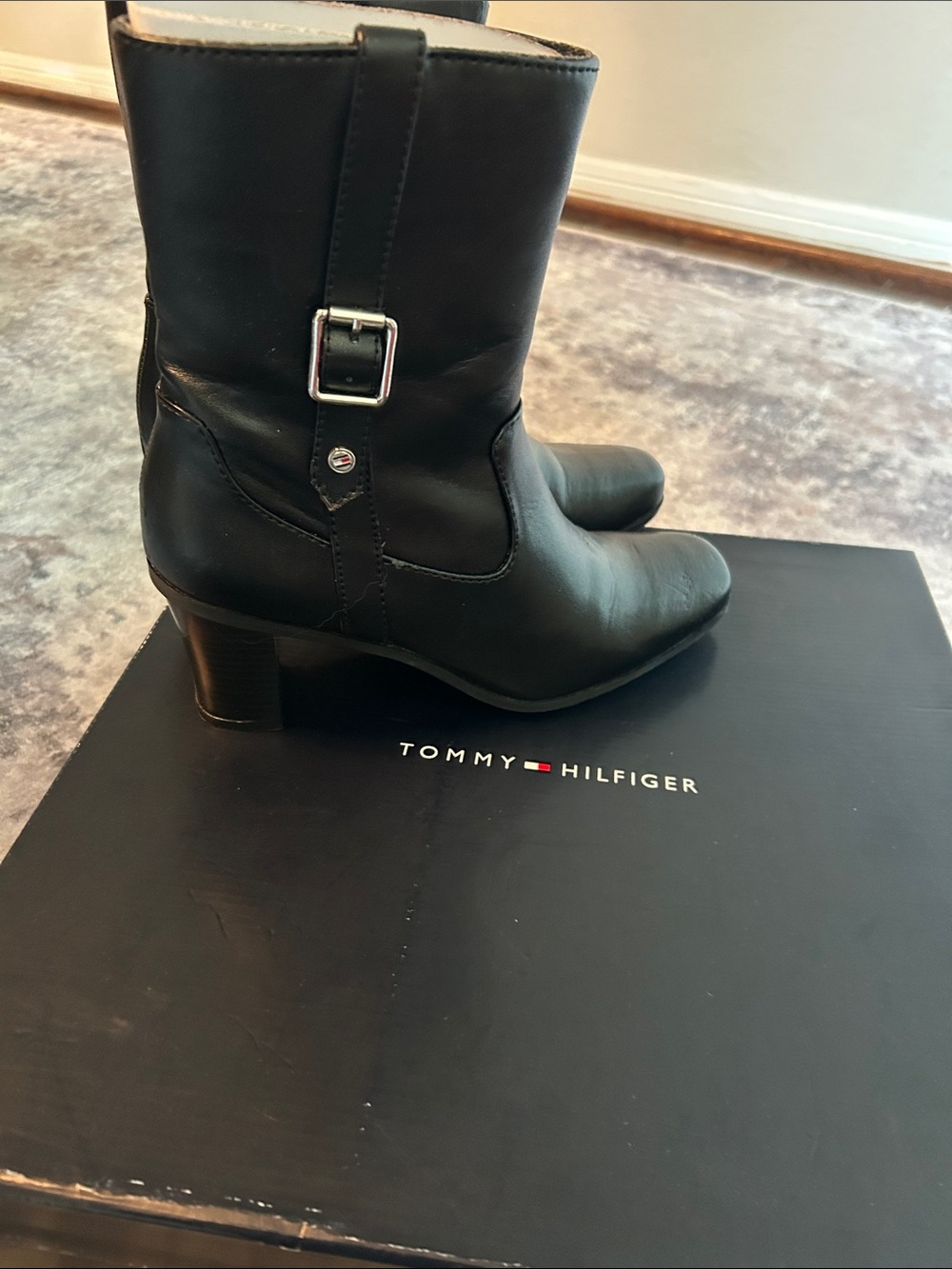 Tommy Hilfiger Black Leather Mid-Calf Heeled Boots with Buckle